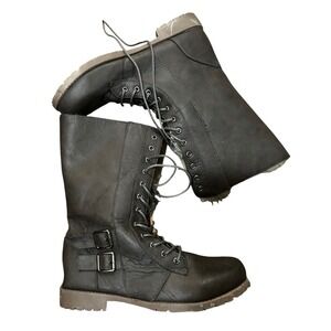 Unbranded Grey Faux Leather Faux Fur‎ Lined Lace Up Combat Boots XL 10